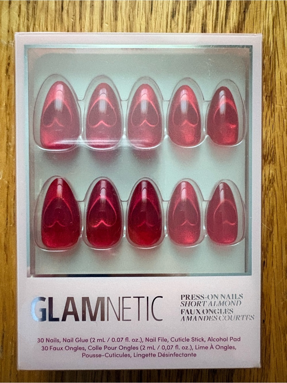 GLAMNETIC Red Short Almond Press-On Nails Sent With Love Heart Cat Eye